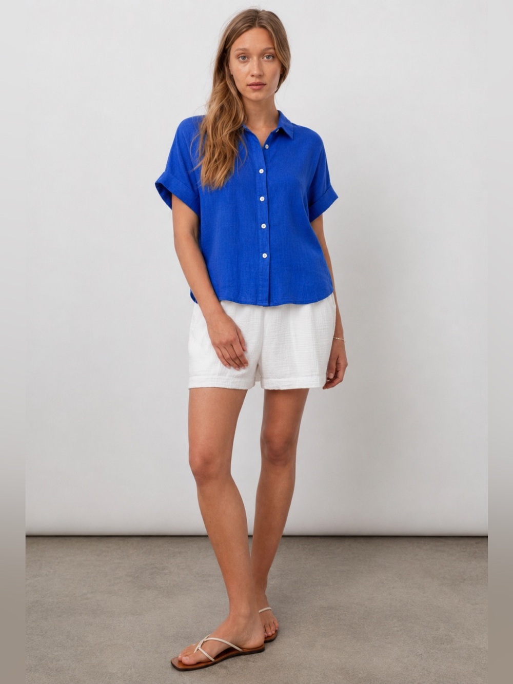 BOHME Linen Blend Blue Boxy Shell Button Top Size XS